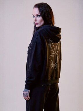 Playboy by Dolls Kill Rhinestone Logo Pullover Hoodie Black Relaxed Fit S NWT